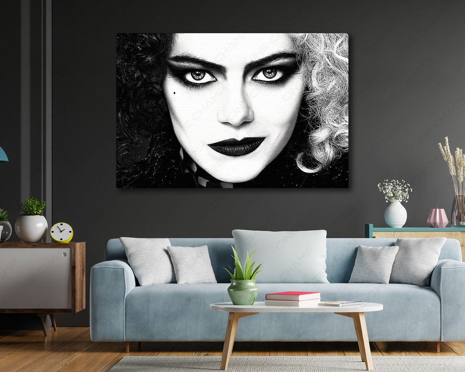 Cruella Canvas Print Displayed Above a Modern Sofa in a Stylish Living Room Interior