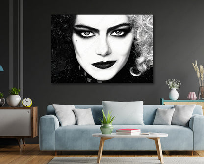 Cruella Canvas Print Displayed Above a Modern Sofa in a Stylish Living Room Interior