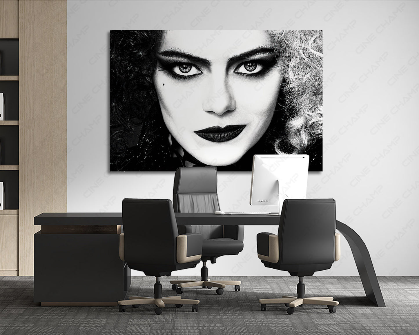 Cruella Canvas Print Displayed Behind an Executive Office Desk in a Modern Workspace