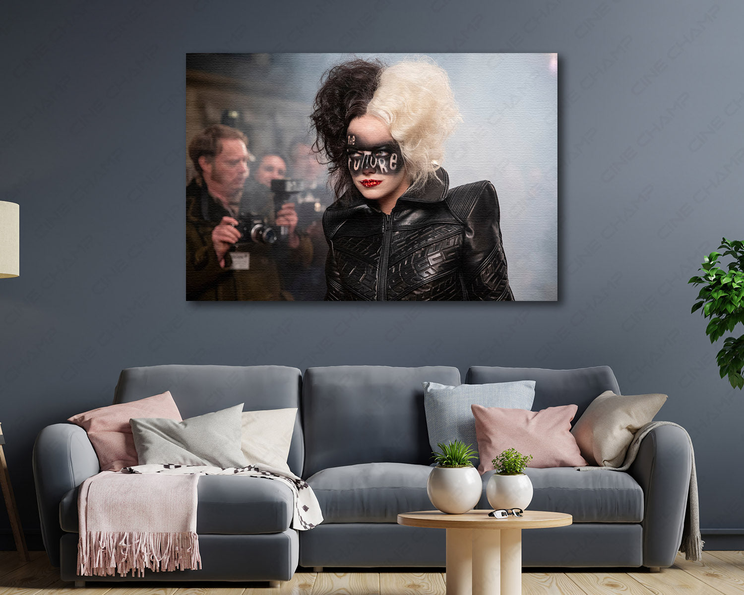 Cruella Canvas Wall Art Displayed Above a Modern Sofa in a Stylish Living Room Interior