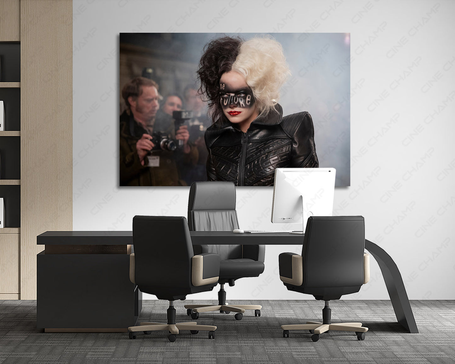 Cruella Canvas Wall Art Displayed Behind an Executive Office Desk in a Modern Workspace