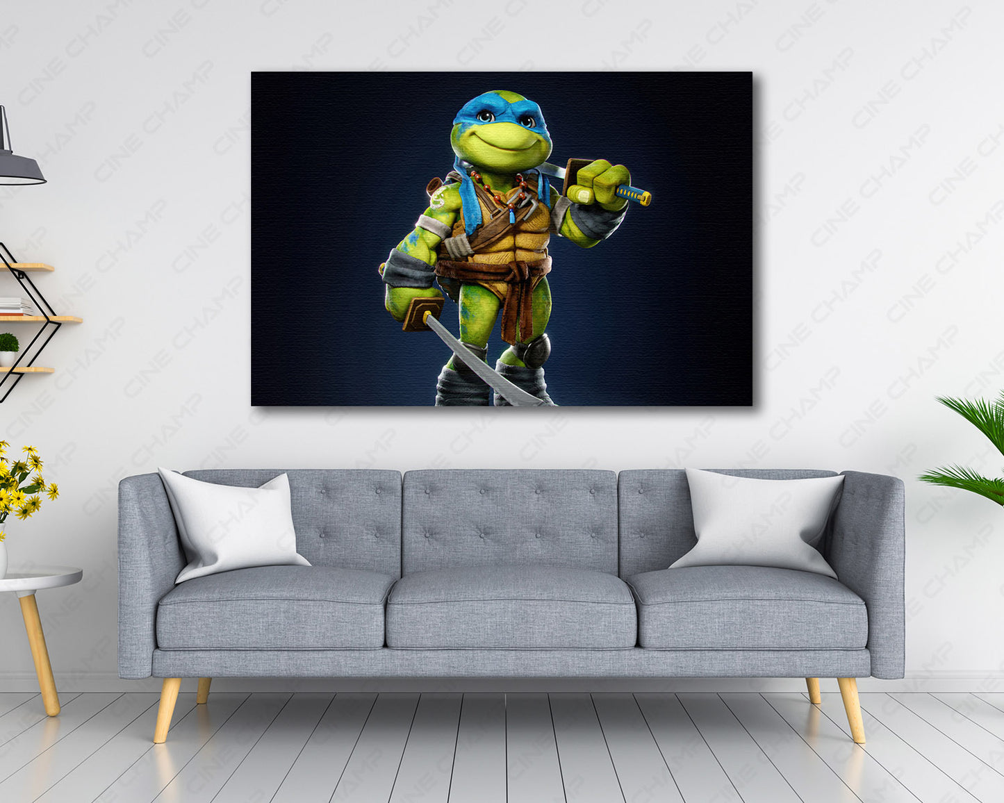Cute Leonardo Canvas Print Displayed Above a Modern Sofa in a Stylish Living Room Interior