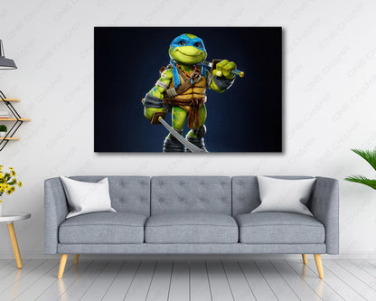 Cute Leonardo Canvas Print Displayed Above a Modern Sofa in a Stylish Living Room Interior
