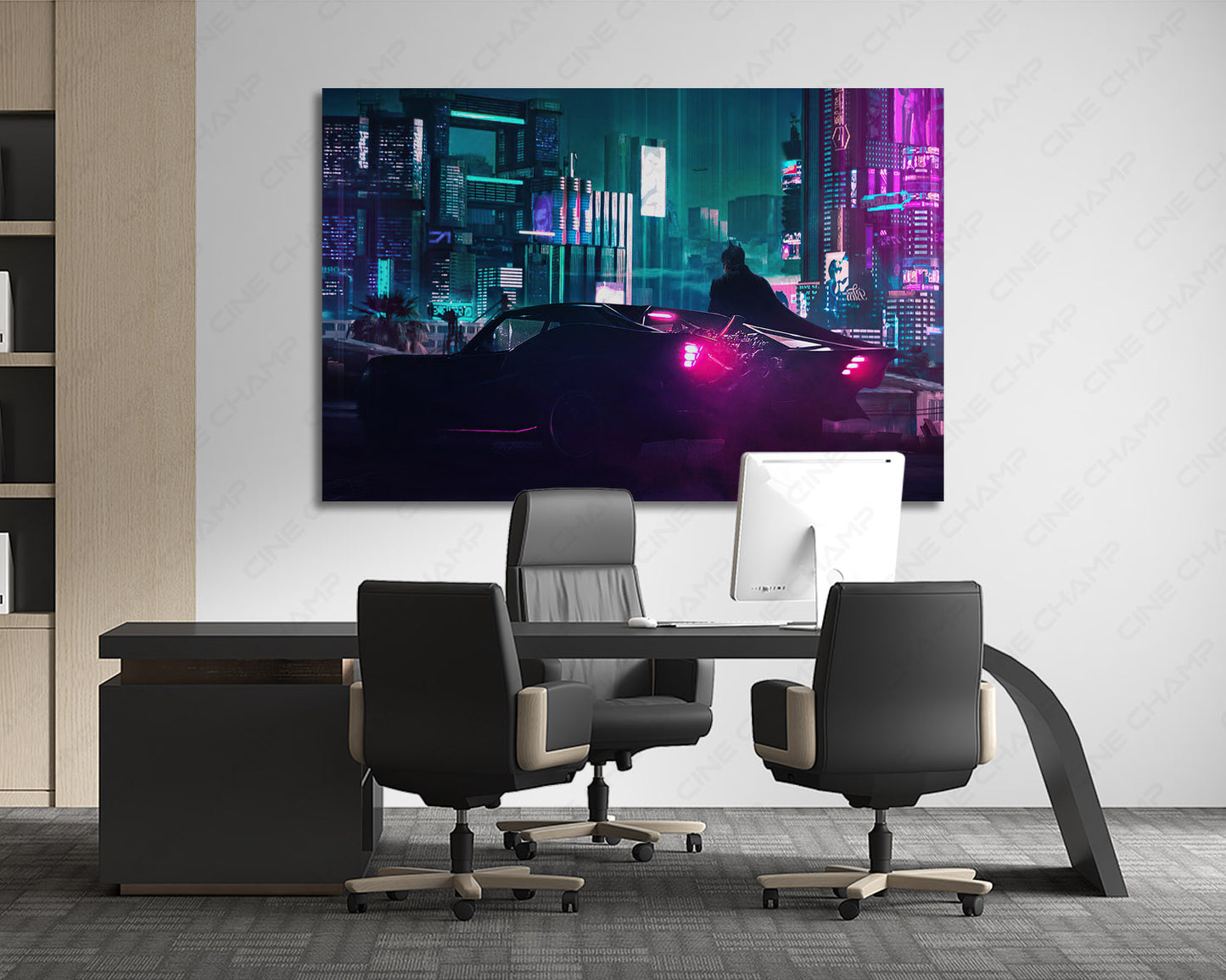 Cyberpunk 2077 x The Batman Canvas Print Displayed Behind an Executive Office Desk in a Modern Workspace