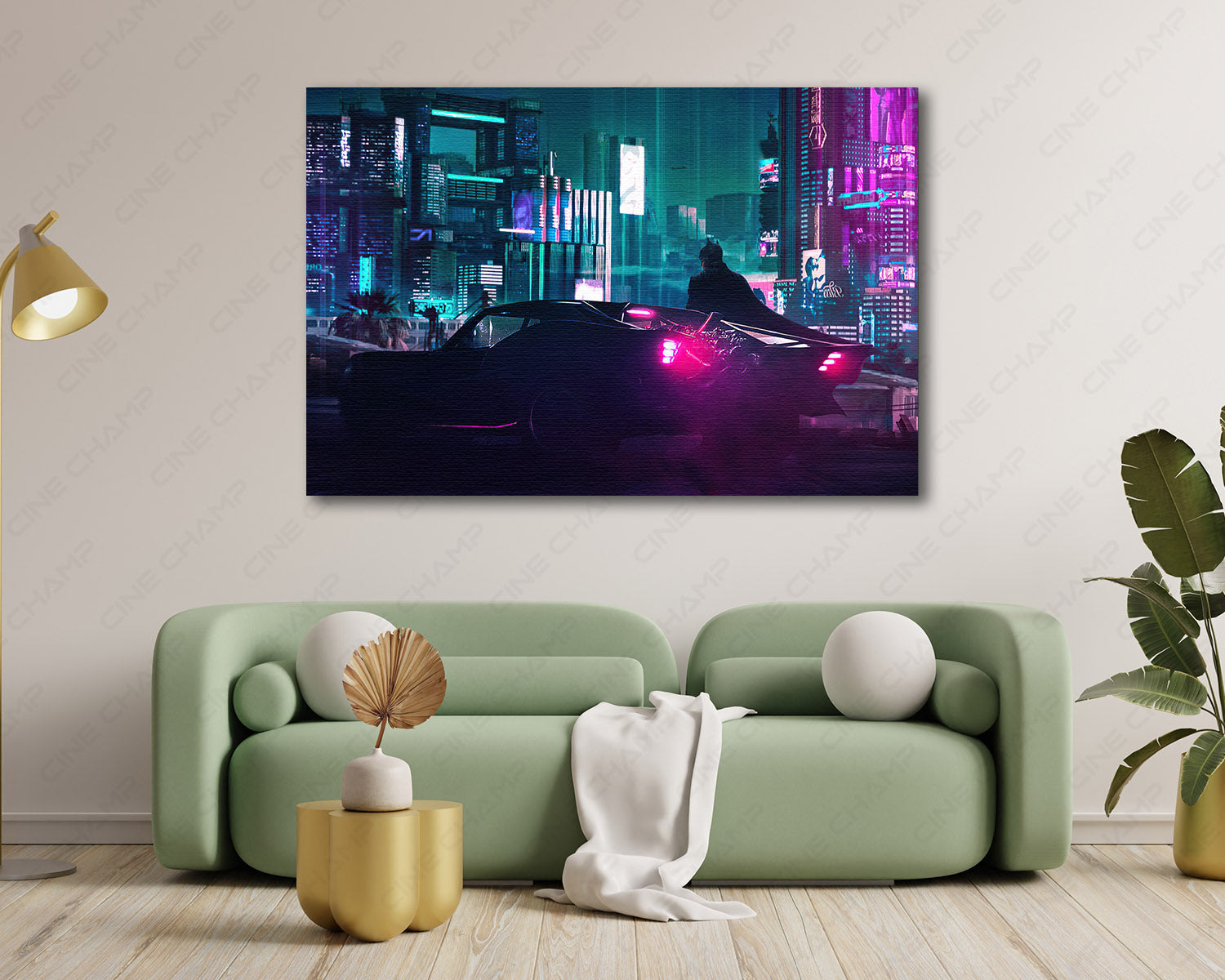 Cyberpunk 2077 x The Batman Canvas Wall Art Displayed Above a Modern Sofa in a Stylish Living Room Interior