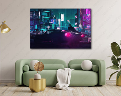 Cyberpunk 2077 x The Batman Canvas Wall Art Displayed Above a Modern Sofa in a Stylish Living Room Interior