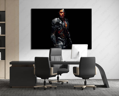 Cyborg Canvas Print Displayed Behind an Executive Office Desk in a Modern Workspace