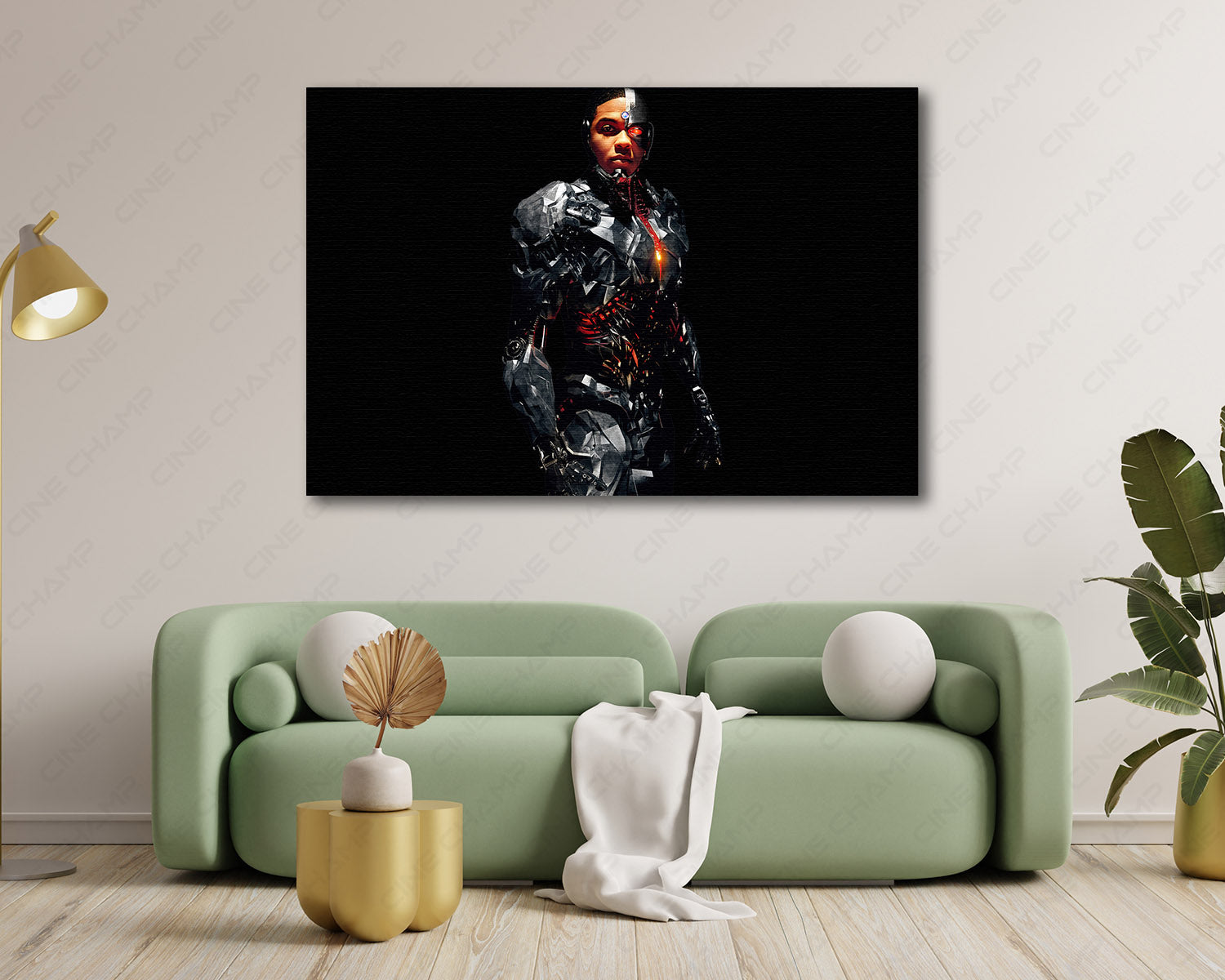 Cyborg Canvas Wall Art Displayed Above a Modern Sofa in a Stylish Living Room Interior