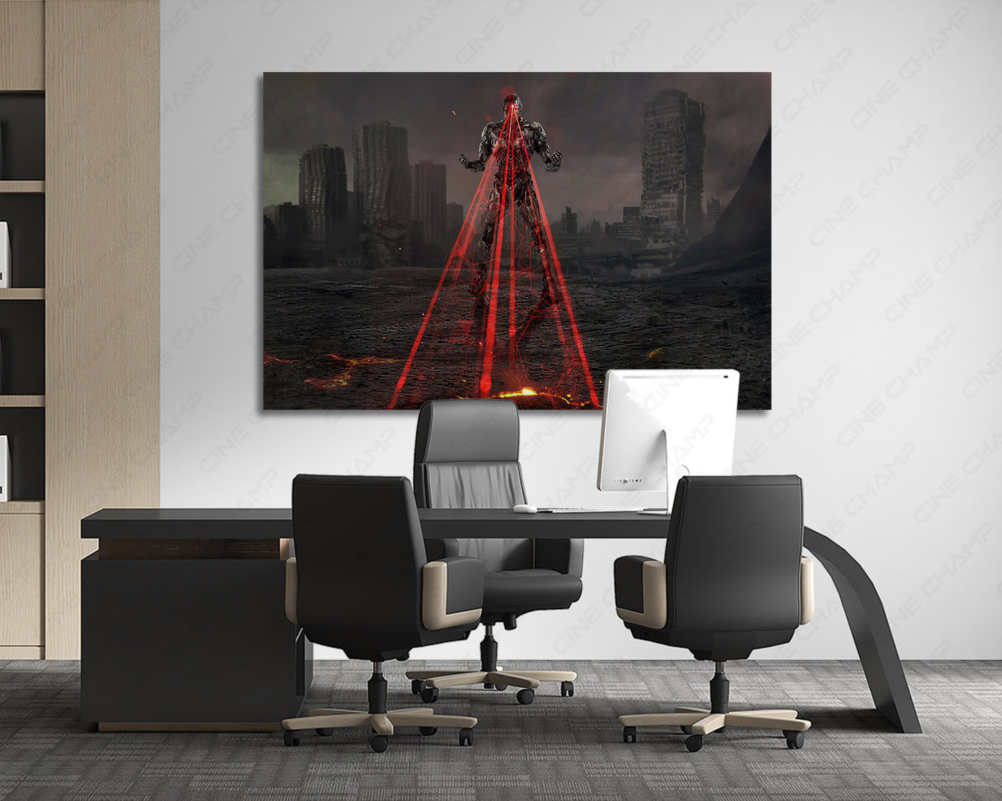 Cyborg Canvas Wall Art Displayed Behind an Executive Office Desk in a Modern Workspace