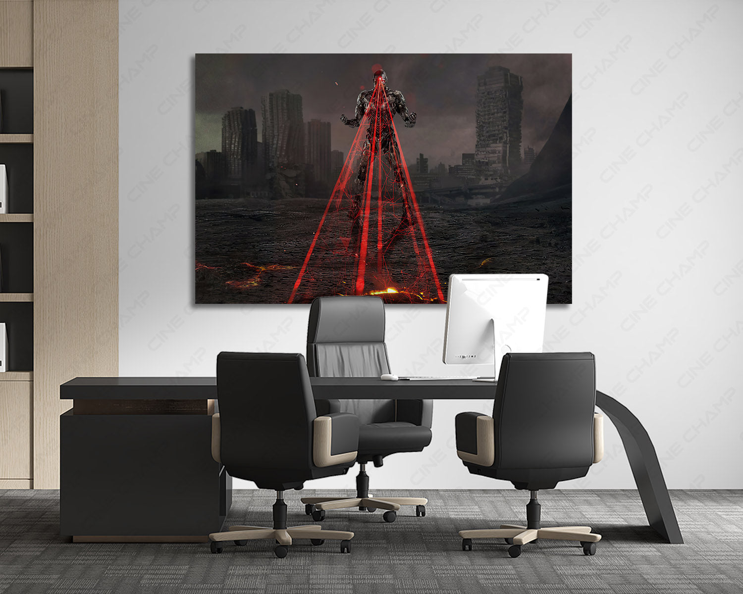 Cyborg Canvas Wall Art Displayed Behind an Executive Office Desk in a Modern Workspace