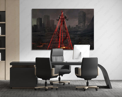 Cyborg Canvas Wall Art Displayed Behind an Executive Office Desk in a Modern Workspace