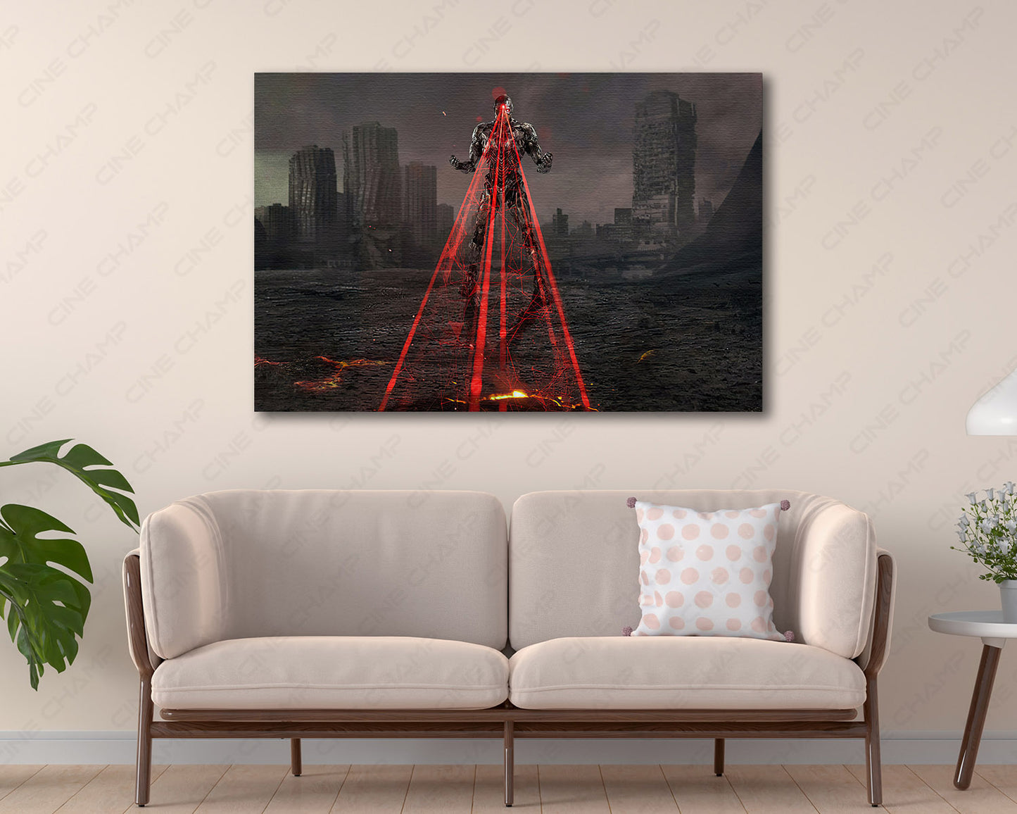 Cyborg Canvas Wall Art Displayed Above a Modern Sofa in a Stylish Living Room Interior