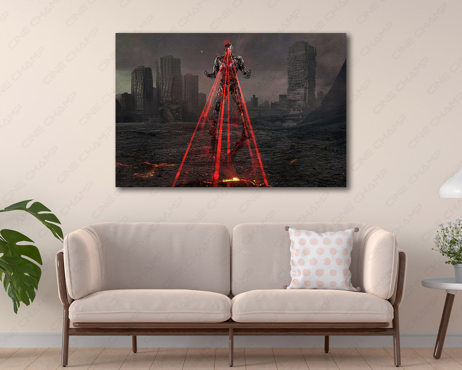 Cyborg Canvas Wall Art Displayed Above a Modern Sofa in a Stylish Living Room Interior
