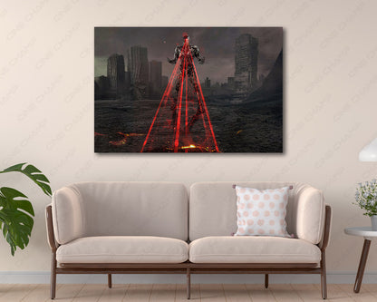 Cyborg Canvas Wall Art Displayed Above a Modern Sofa in a Stylish Living Room Interior