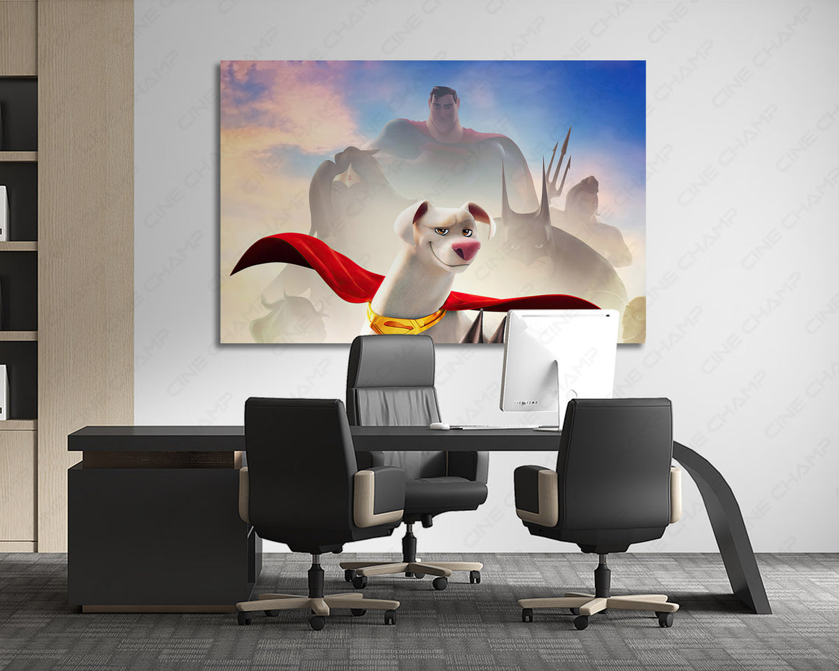 DC League of Super-Pets Canvas Print hanging in a stylish office, adding colorful animated superhero artwork and premium canvas décor to the workspace.