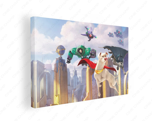 DC League of Super Pets Canvas Print gallery wrap featuring colorful superhero pet artwork inspired by the animated movie, perfect for kids' rooms and modern home décor.