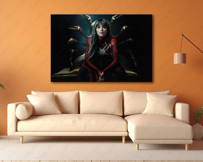 Dakota Johnson in Madame Web Canvas Print Displayed Above a Modern Sofa in a Stylish Living Room Interior