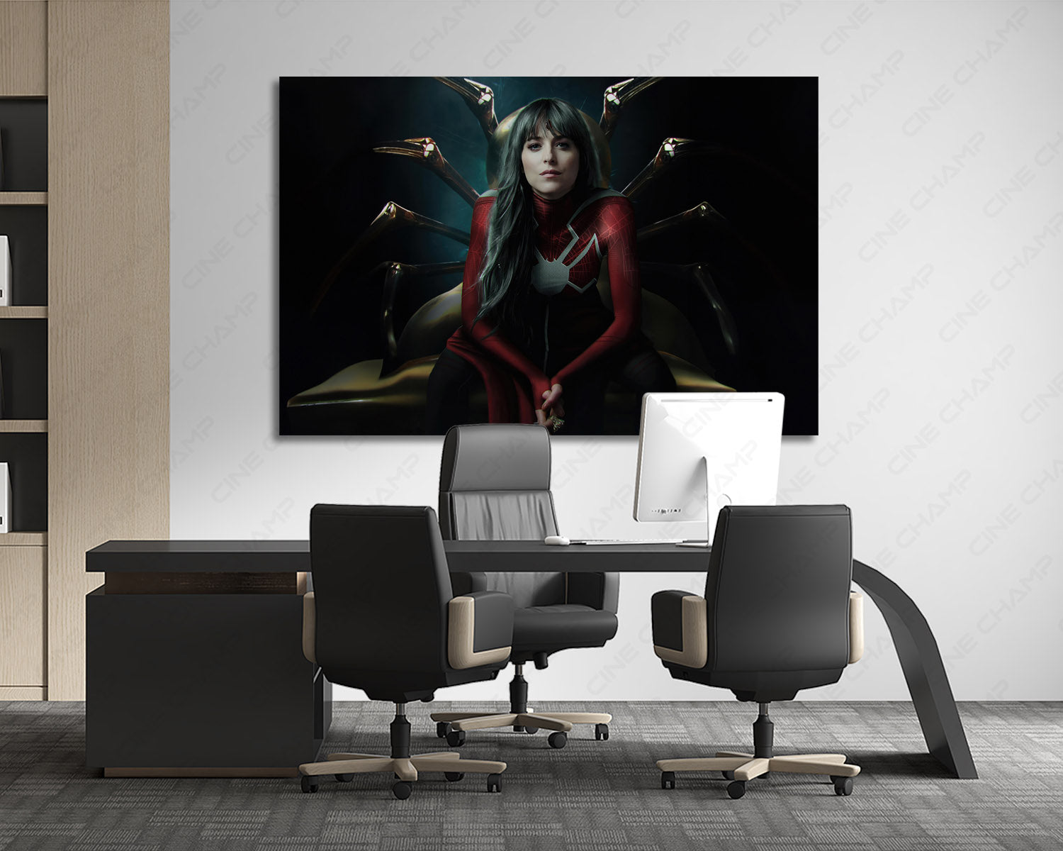 Dakota Johnson in Madame Web Canvas Print Displayed Behind an Executive Office Desk in a Modern Workspace