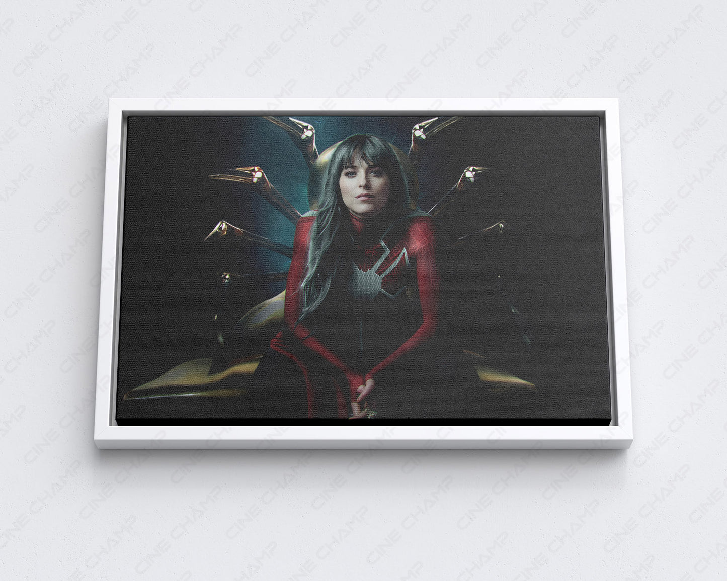 Dakota Johnson in Madame Web Canvas Print with White Floating Frame for Elegant Interior Wall Decor