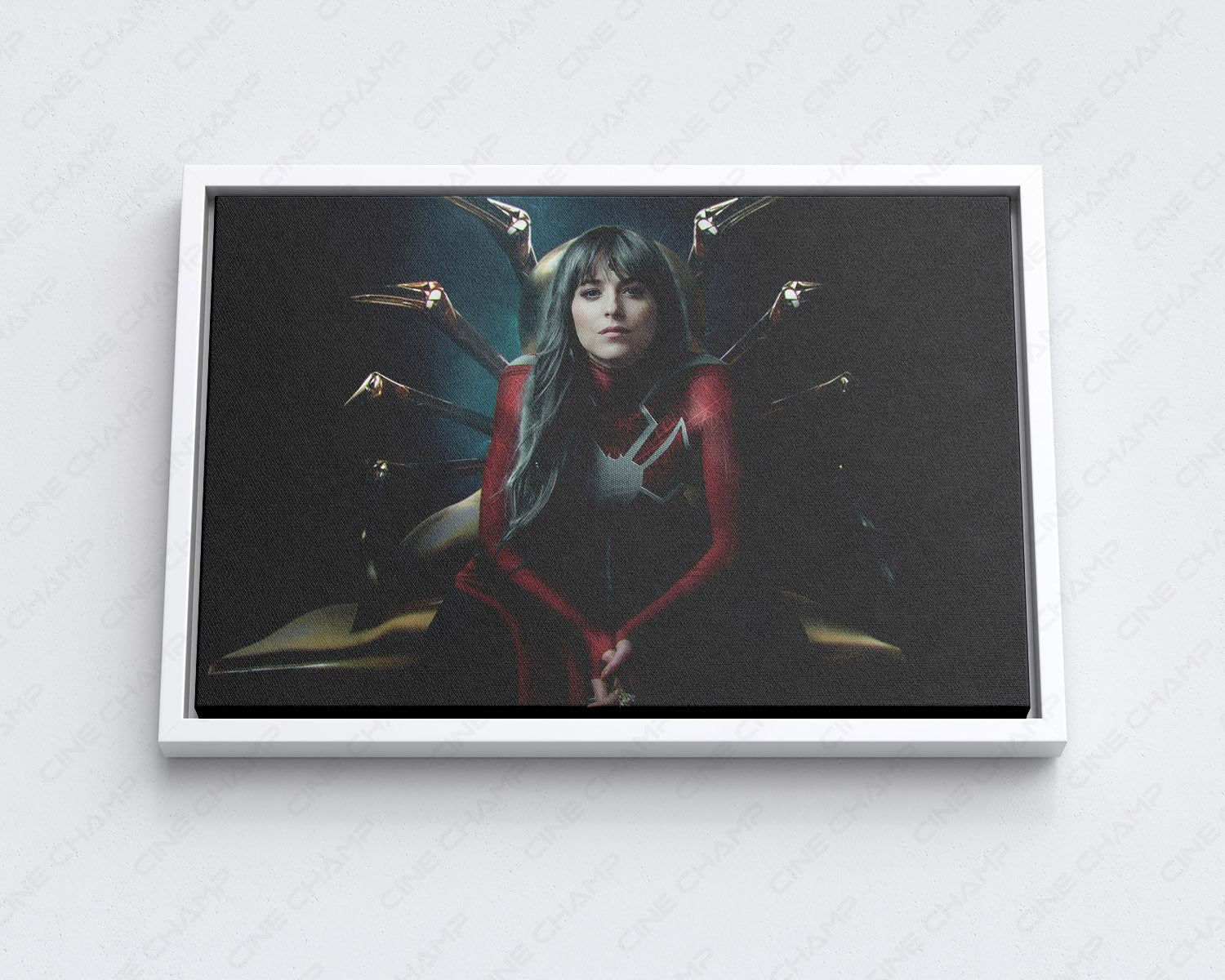 Dakota Johnson in Madame Web Canvas Print with White Floating Frame for Elegant Interior Wall Decor