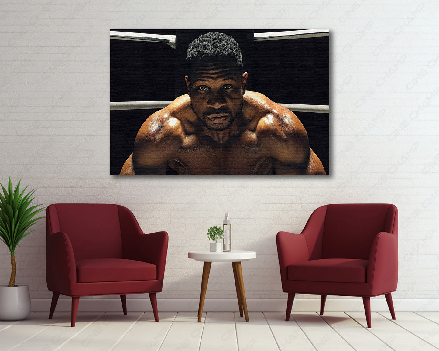 Damian Anderson Canvas Print displayed above a modern cabinet wall, bringing bold Creed III movie artwork to a contemporary interior.