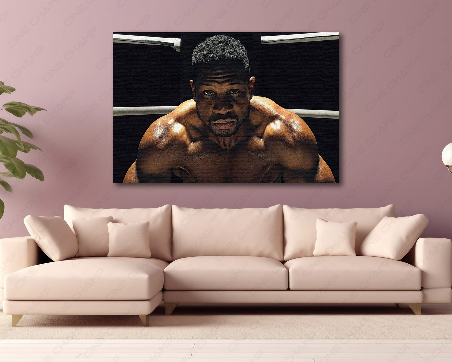 Damian Anderson Canvas Print displayed above a modern living room sofa, creating a dramatic focal point with Creed III-inspired boxing wall art.