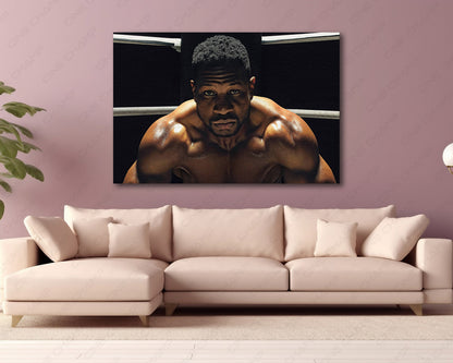Damian Anderson Canvas Print displayed above a modern living room sofa, creating a dramatic focal point with Creed III-inspired boxing wall art.