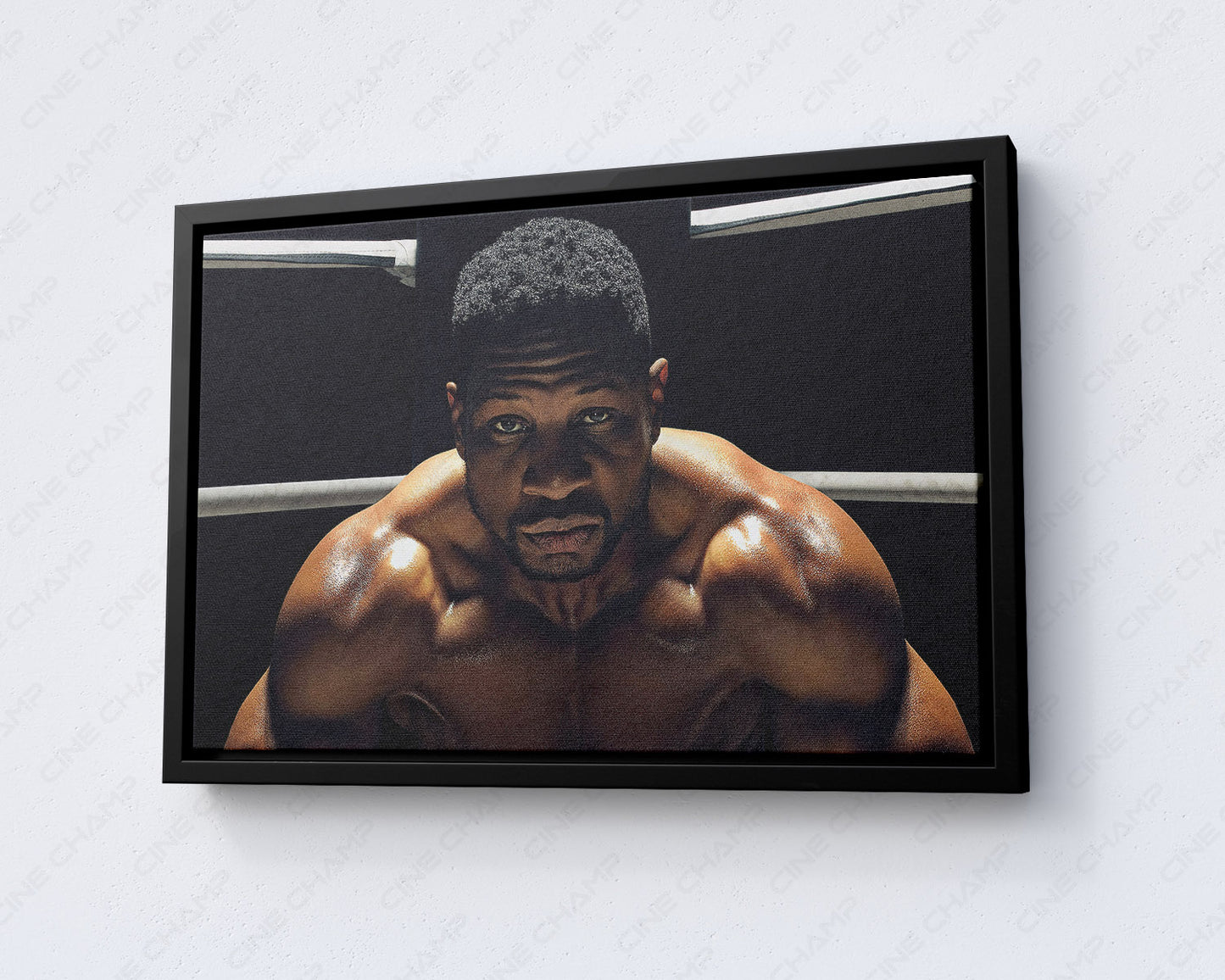 Damian Anderson Canvas Print displayed in a black floating frame, showcasing powerful Creed III boxing artwork for a contemporary living room.