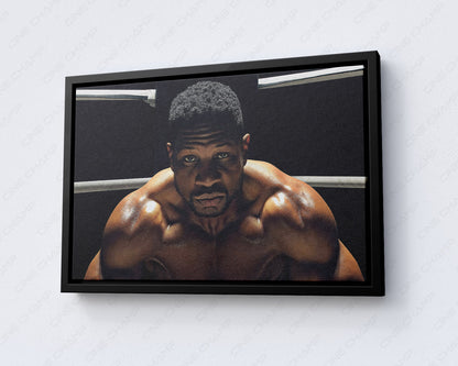 Damian Anderson Canvas Print displayed in a black floating frame, showcasing powerful Creed III boxing artwork for a contemporary living room.