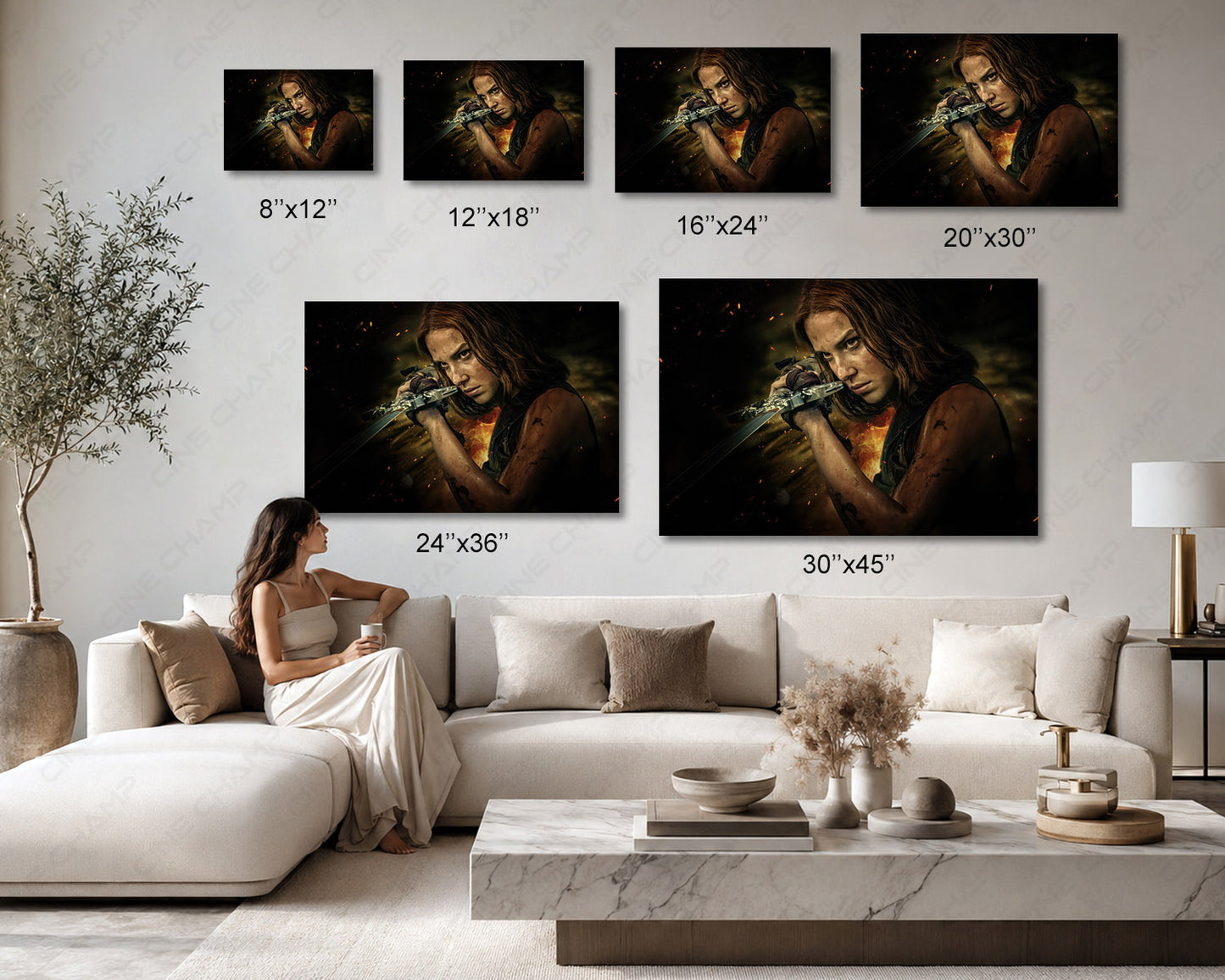 Damsel Canvas Print available in multiple sizes including 8×12, 12×18, 16×24, 20×30, 24×36, and 30×45, making it easy to choose the perfect canvas for your space.