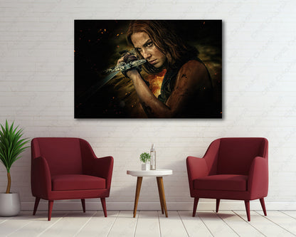 Damsel Canvas Print displayed above a contemporary cabinet wall, enhancing the room with striking fantasy-inspired movie wall art.