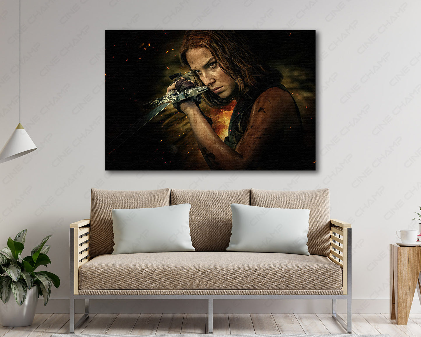 Damsel Canvas Print displayed above a modern living room sofa, creating a captivating focal point with cinematic fantasy wall art.