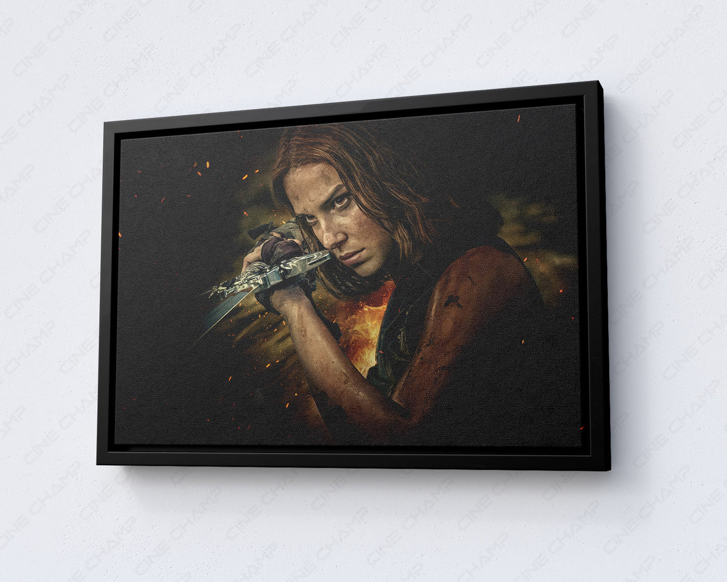 Damsel Canvas Print displayed in a black floating frame, showcasing bold fantasy movie artwork for a stylish living room or entertainment space.