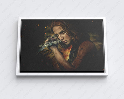 Damsel Canvas Print in a white floating frame featuring elegant fantasy-inspired artwork, adding a contemporary touch to any home décor.