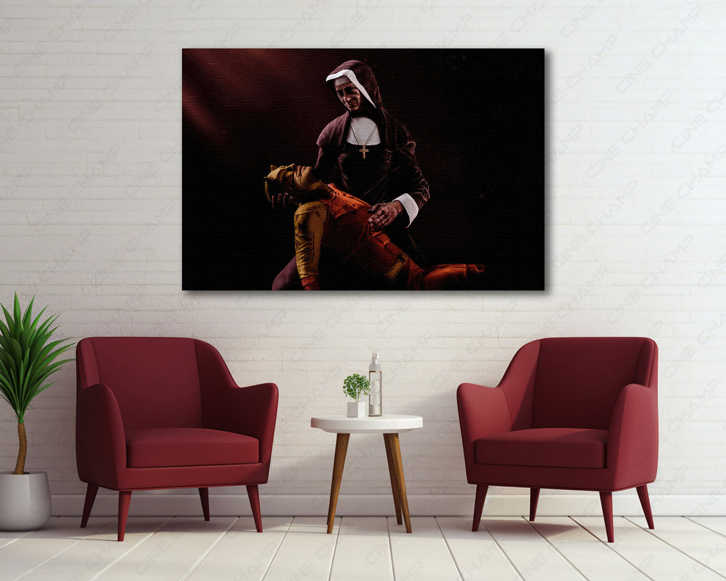 Daredevil: Born Again A Man Without Hope Canvas Print displayed above a stylish accent chair, featuring dramatic Marvel superhero artwork that creates a bold focal point in a modern living room.
