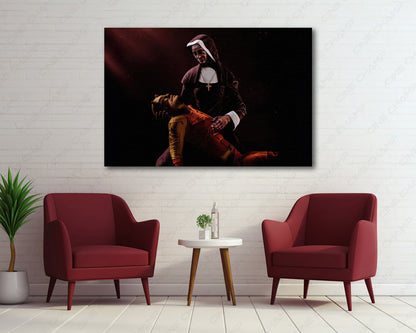 Daredevil: Born Again A Man Without Hope Canvas Print displayed above a stylish accent chair, featuring dramatic Marvel superhero artwork that creates a bold focal point in a modern living room.