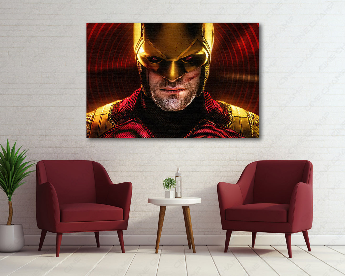 Daredevil: Born Again Canvas Print displayed above a contemporary cabinet wall, bringing iconic Marvel-inspired artwork to modern home décor.