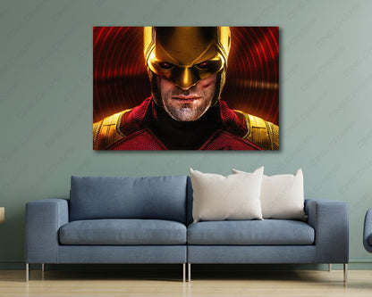 Daredevil: Born Again Canvas Print displayed above a modern living room sofa, creating a dramatic focal point with Marvel superhero wall art.
