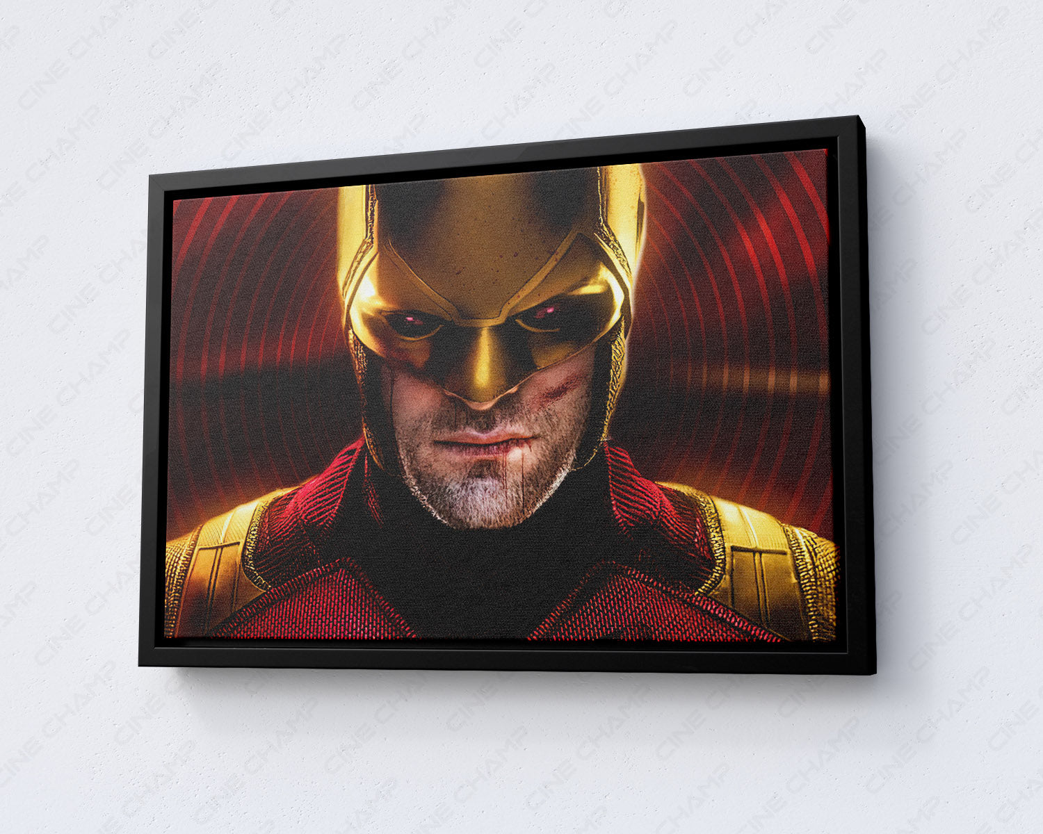 Daredevil: Born Again Canvas Print displayed in a black floating frame, showcasing striking Marvel superhero wall art for a contemporary interior.