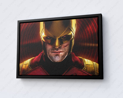 Daredevil: Born Again Canvas Print displayed in a black floating frame, showcasing striking Marvel superhero wall art for a contemporary interior.