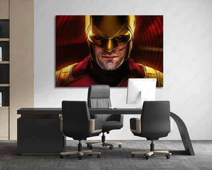 Daredevil: Born Again Canvas Print hanging in a stylish office, adding bold superhero artwork and cinematic Marvel décor to the workspace.