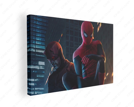 Daredevil and Spider-Man Canvas Print gallery wrap featuring iconic Marvel superhero artwork, perfect for modern home theater and living room wall décor.