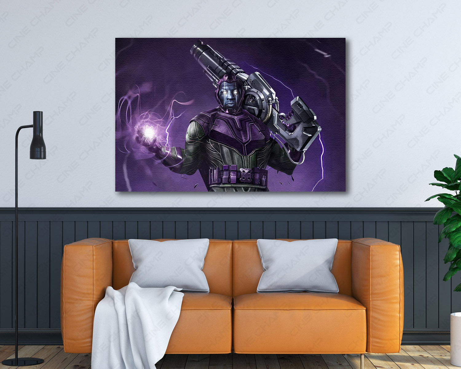 Avengers The Kang Dynasty inspired movie wall art displayed above a Sofa in a modern room