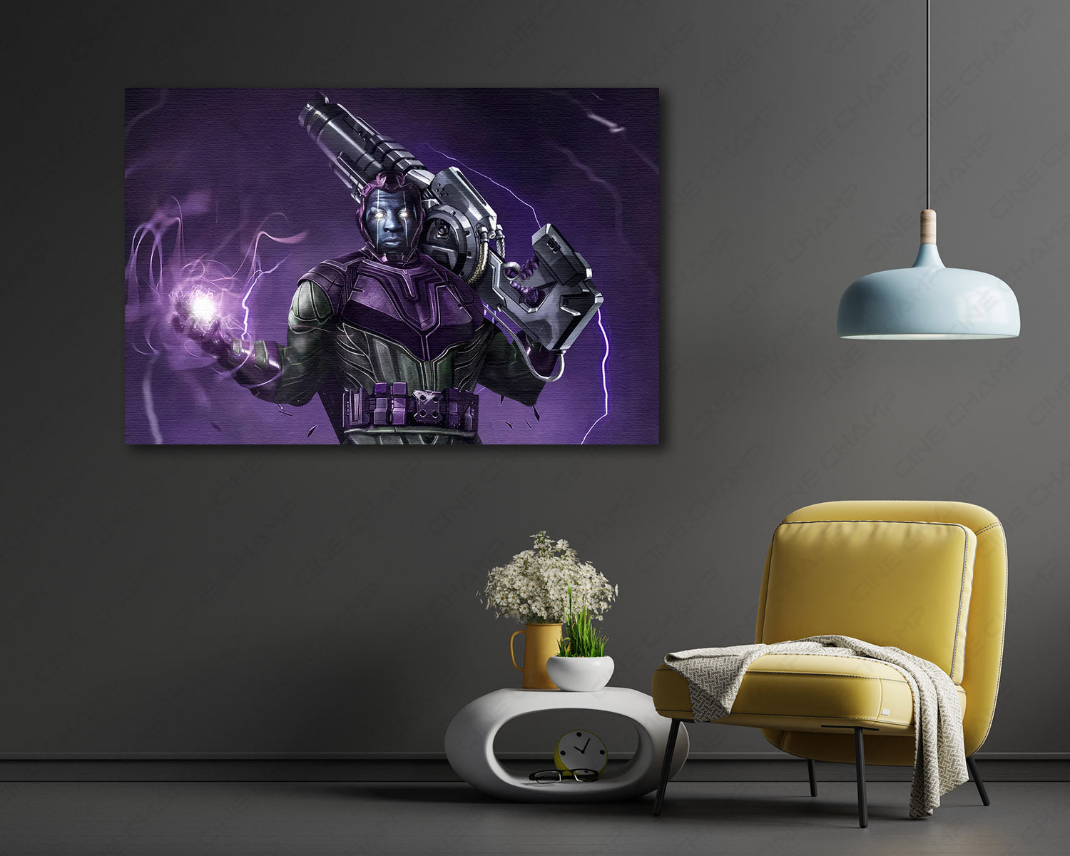Avengers The Kang Dynasty inspired movie wall art displayed above a chair in a modern room