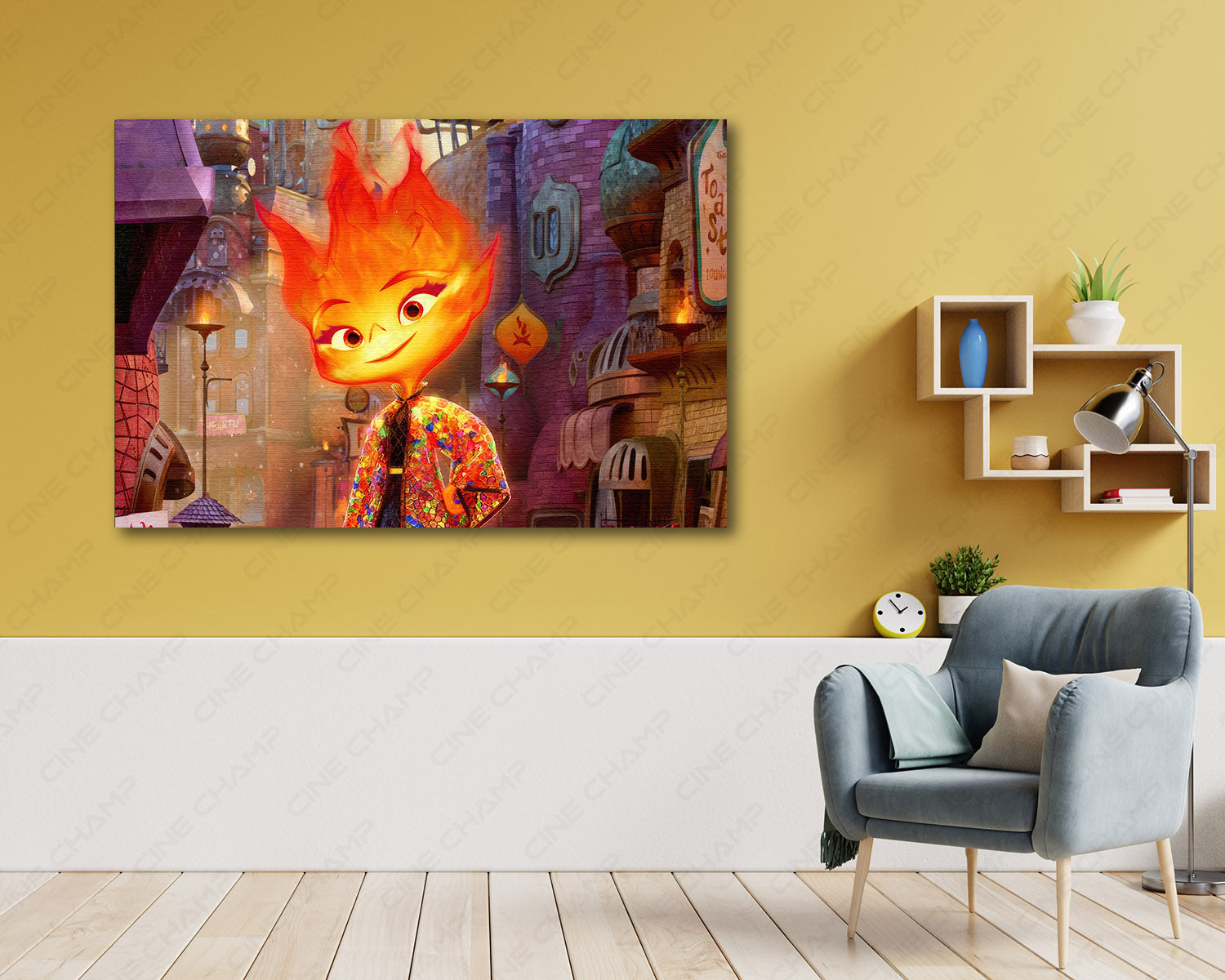 Elemental Canvas Print Above Accent Chair in a Cozy Entertainment Room