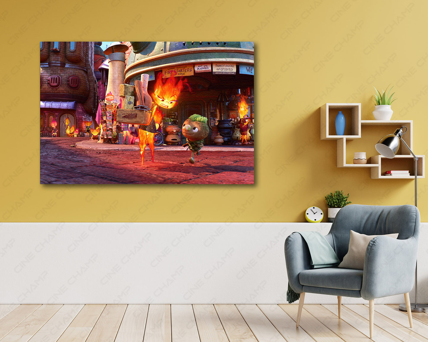 Elemental Movie Canvas Wall Art Above Accent Chair in a Cozy Entertainment Room