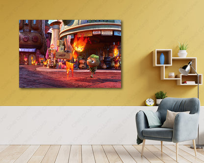 Elemental Movie Canvas Wall Art Above Accent Chair in a Cozy Entertainment Room