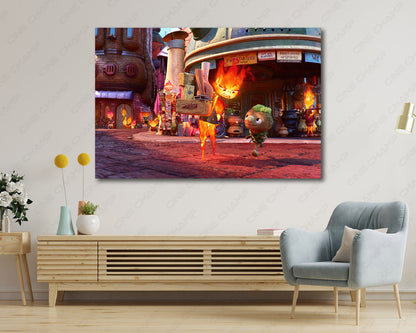 Elemental Movie Canvas Wall Art Displayed Above Cabinet as Animated Fantasy Decor