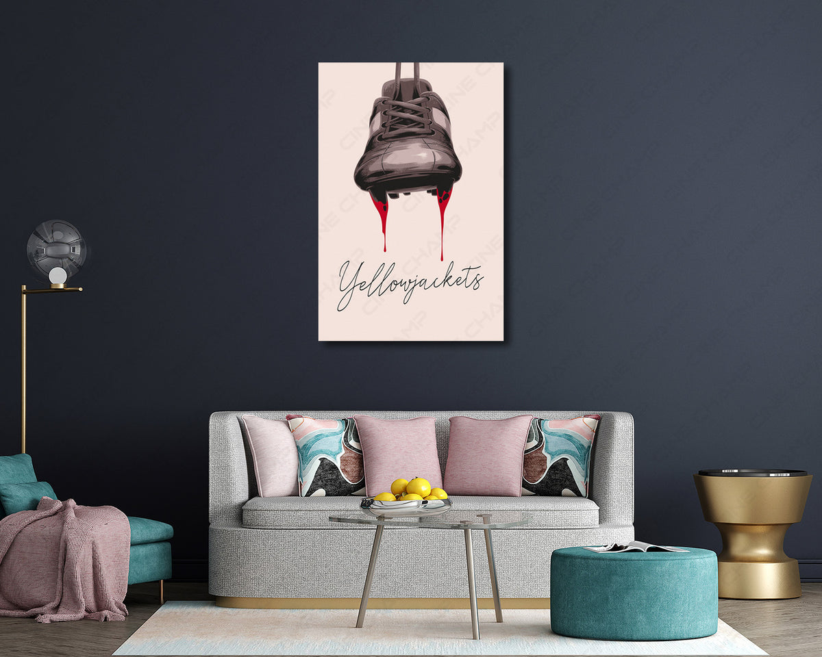 Framed Yellowjackets wall decor for a modern home theater