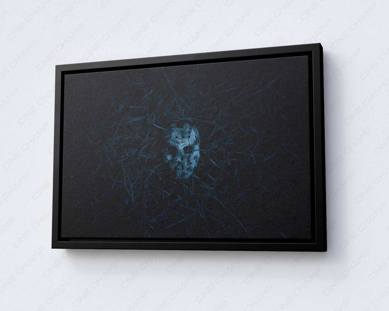 Horror movie inspired Jason mask canvas wall art with dark gothic artwork for Halloween and gaming room decor.